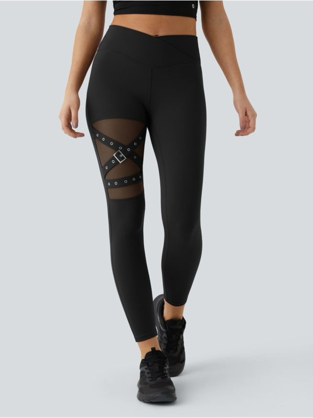 Halara DayStretch High Waisted Crossover Mesh Buckle Yoga Leggings - Black